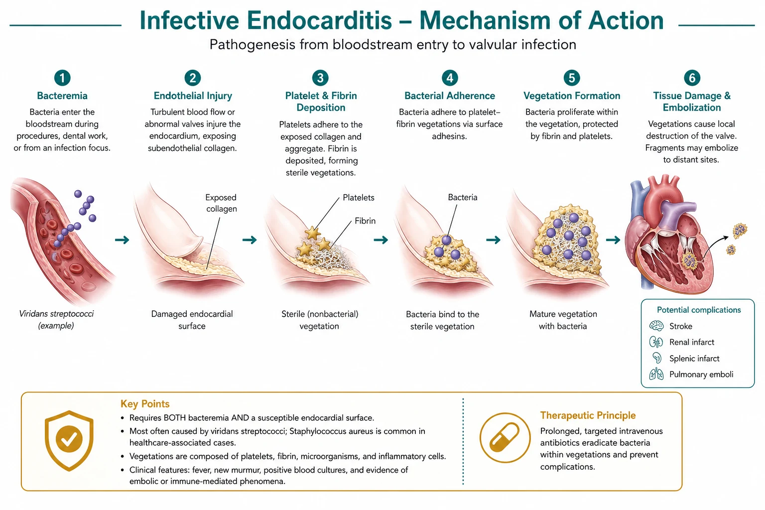 Mechanism infographic: turbulent jet damages endothelium, sterile platelet-fibrin nidus forms, transient bacteraemia seeds it, infected vegetation destroys the valve and sheds emboli