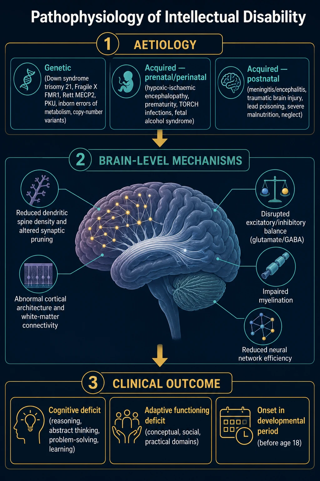Clean schematic of intellectual disability pathophysiology in three tiers: aetiology (genetic, prenatal, perinatal, postnatal) flowing into brain-level mechanisms (altered cortical architecture, reduced dendritic complexity, disrupted E/I balance, impaired myelination) flowing into clinical outcome (cognitive deficit, adaptive functioning deficit, onset in developmental period)