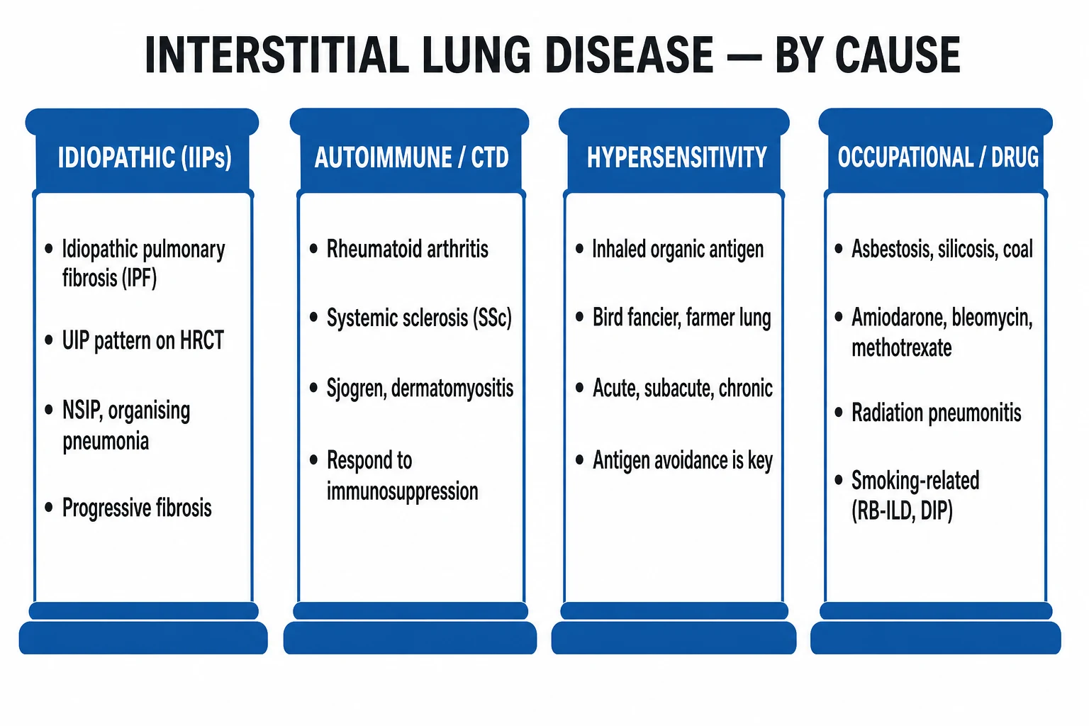 Clean infographic decision tree of diffuse parenchymal lung disease classification branching into four major groups