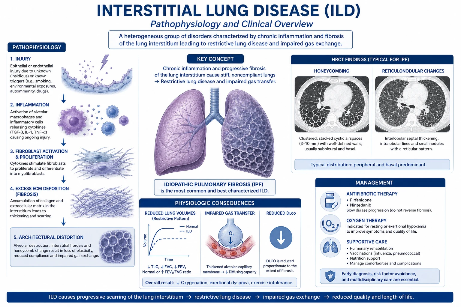 Five-step infographic of the aberrant wound healing cascade in idiopathic pulmonary fibrosis