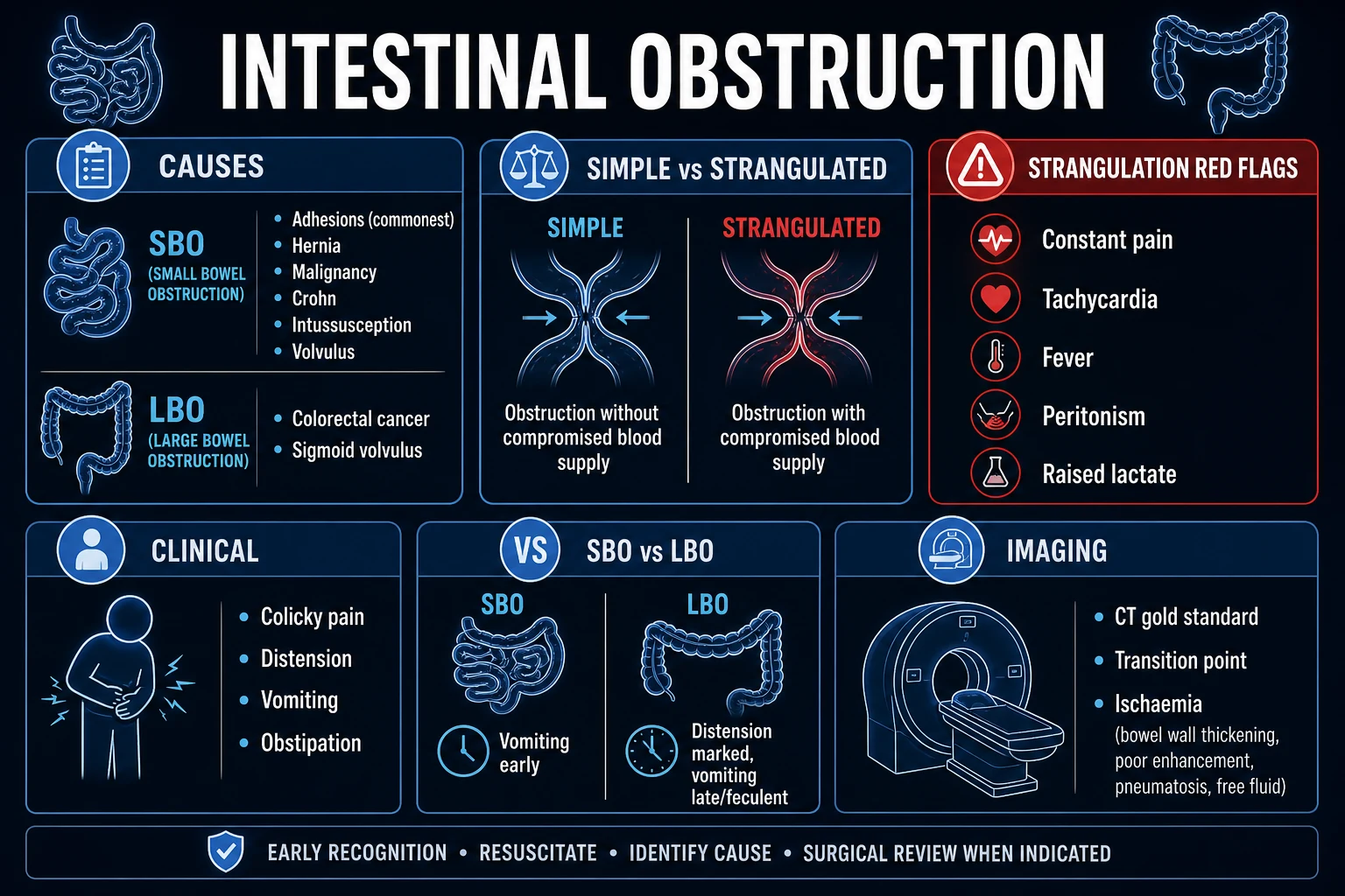 Radiological features distinguishing small bowel from large bowel obstruction on plain abdominal X-ray.