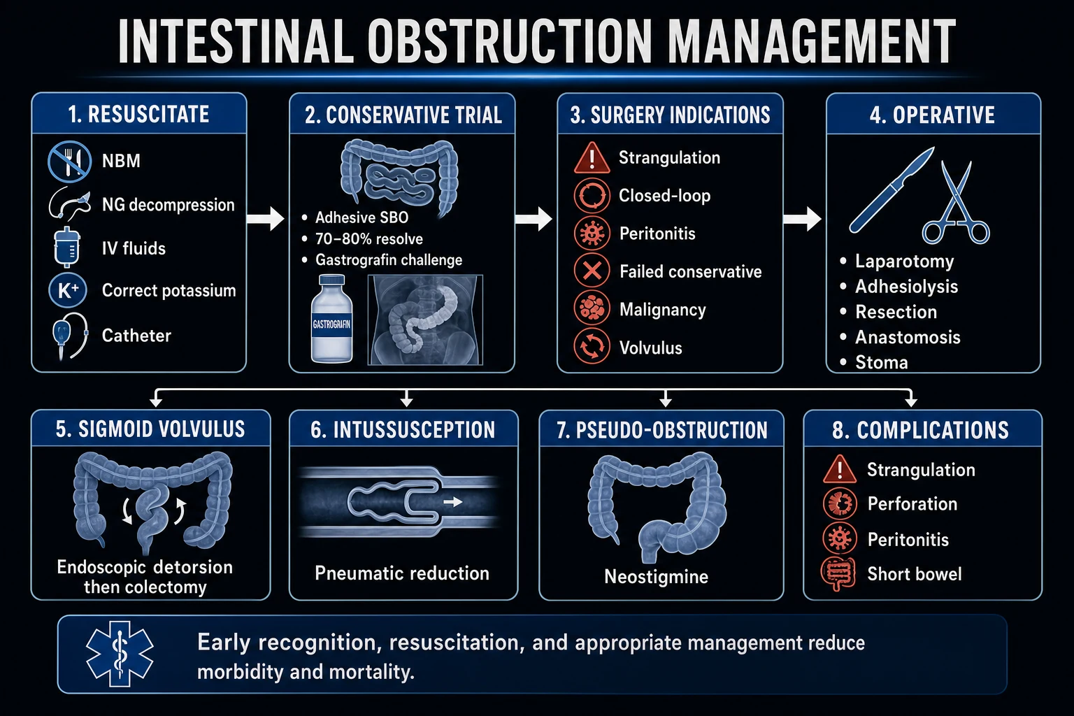 Management algorithm for intestinal obstruction by type and by presence of strangulation or peritonism.