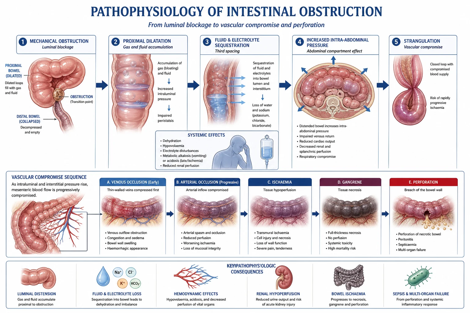 Pathophysiology cascade: obstruction to proximal dilatation, fluid sequestration, bacterial translocation, venous then arterial occlusion, ischaemia and perforation.