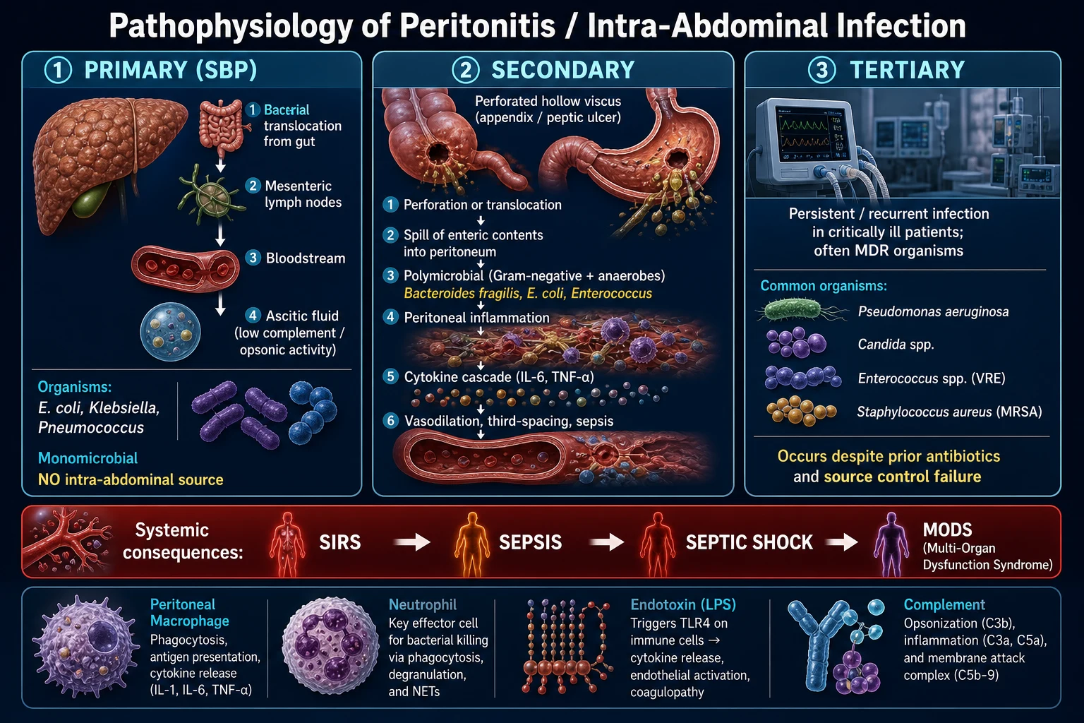 Pathophysiology infographic comparing primary (SBP), secondary and tertiary peritonitis — bacterial translocation, peritoneal contamination, polymicrobial spill, cytokine cascade, SIRS, sepsis, MODS