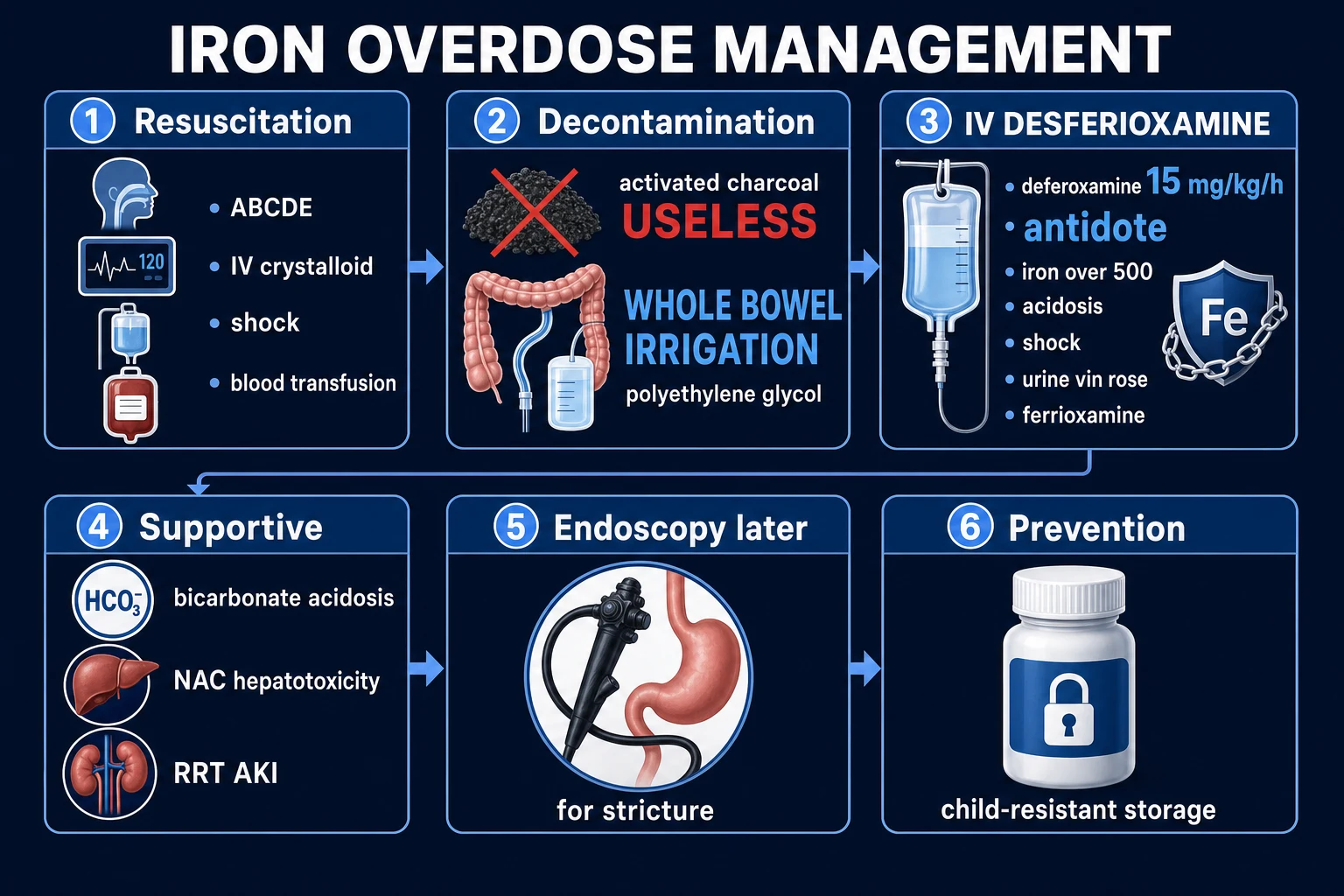 Clean management infographic on a deep navy background titled Iron Overdose Management, showing four sequential panels connected by arrows: Panel 1 Resuscitation ABCDE with crystalloid bolus and oxygen, Panel 2 Decontamination with whole bowel irrigation via nasogastric tube and a crossed-out activated charcoal icon, Panel 3 Antidote IV desferrioxamine 15 mg/kg/h with vin-rose urine bag, Panel 4 Supportive care vasopressors ventilation RRT and FFP, with escalation triggers noted under each