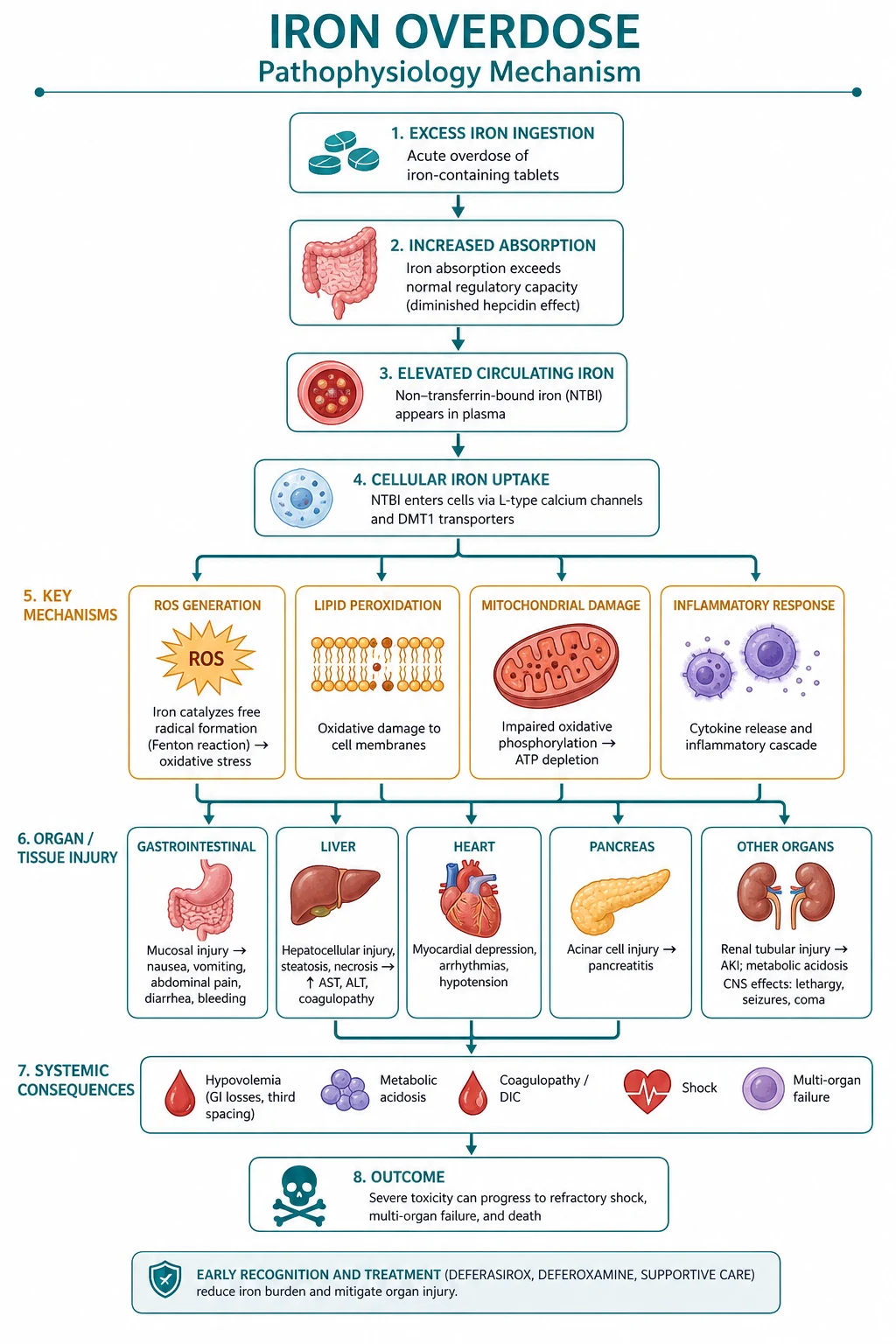 Scientifically accurate medical pathophysiology infographic on a deep navy background titled Iron Poisoning Pathophysiology, showing three zones connected by red downward arrows: Zone 1 GI corrosive injury with a haemorrhagic stomach mucosa releasing Fe2+ ions, Zone 2 a hepatocyte with reactive oxygen species including hydroxyl radical attacking and uncoupling mitochondria producing lactic acid, plus coagulopathy, Zone 3 end-organ damage with periportal hepatic necrosis, acute tubular necrosis, coma and cardiogenic shock, plus a staged timeline inset