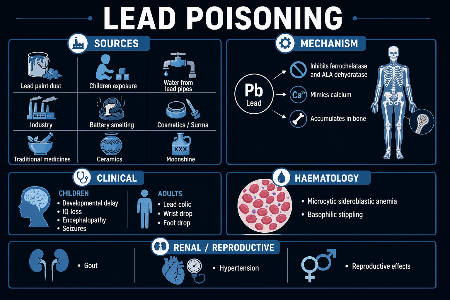 Clean infographic of lead sources, system effects, blood lead level thresholds, and investigations