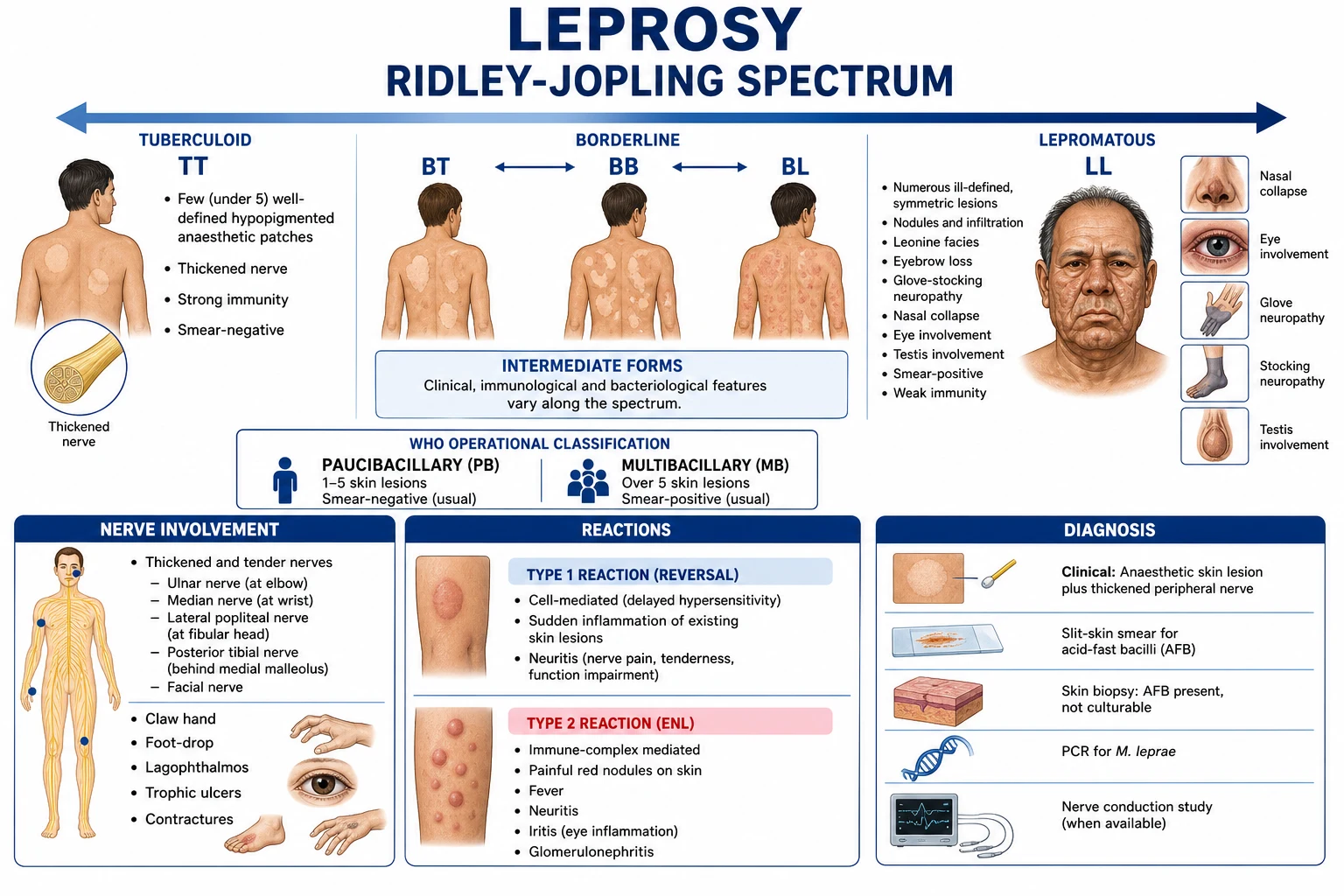 Clean infographic: Ridley-Jopling spectrum across TT, BT, BB, BL, LL with immunity, lesion count, smear and histology; WHO PB vs MB operational rule