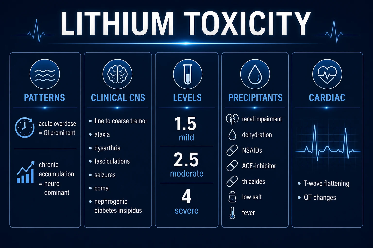 Clean infographic showing the three patterns of lithium toxicity, the graded clinical features by severity, the level thresholds, and the precipitants of accumulation
