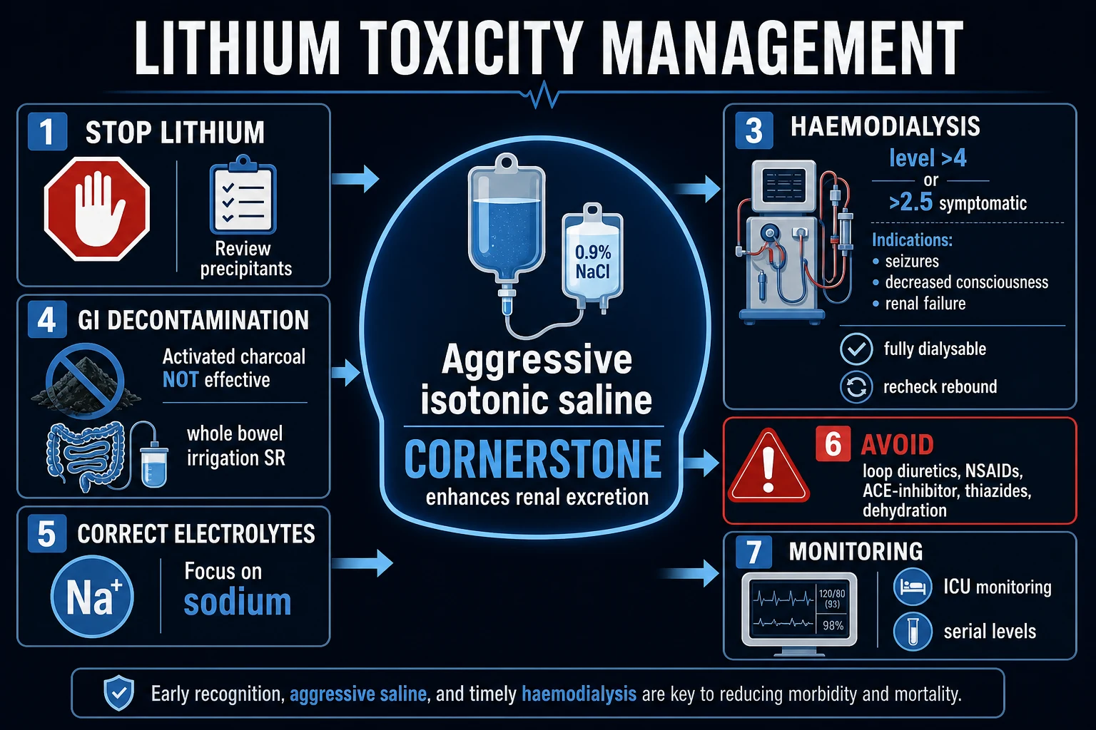 Clean management infographic: stop the drug and precipitants, restore euvolaemia with isotonic saline, haemodialysis for severe (EXTRIP criteria), whole-bowel irrigation for sustained-release, and the agents to avoid