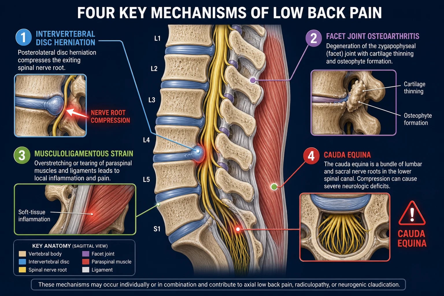 Clean horizontal pathophysiology infographic: lumbar spine showing disc herniation compressing a nerve root, facet joint osteoarthritis, musculoligamentous strain, and cauda equina