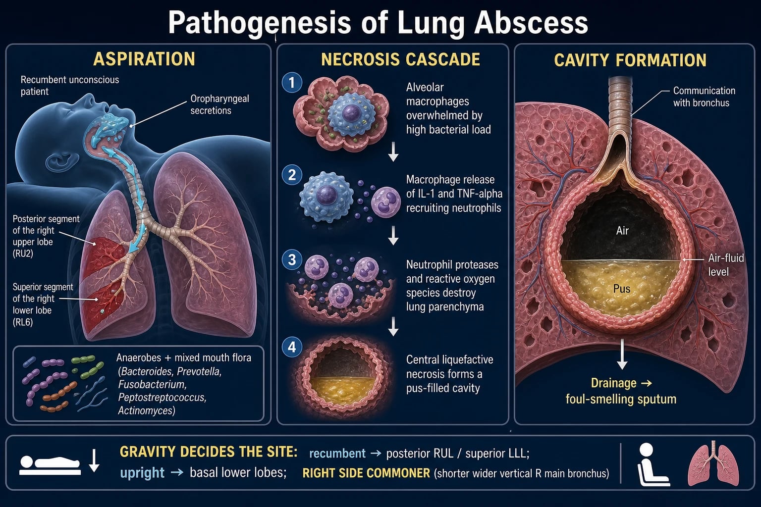 Medical mechanism infographic of lung abscess pathogenesis: aspiration into dependent segments, neutrophil necrosis cascade, and cavity formation with an air-fluid level