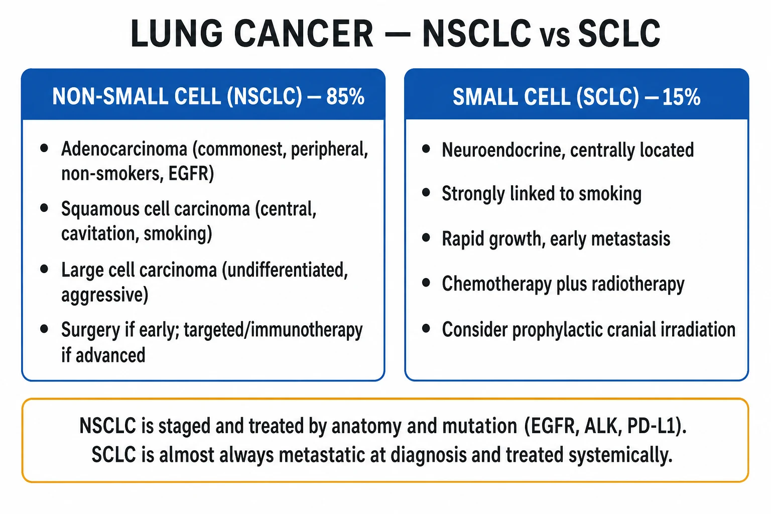 Clean infographic of NSCLC vs SCLC subtypes with location, histology, molecular driver and paraneoplastic association beneath each