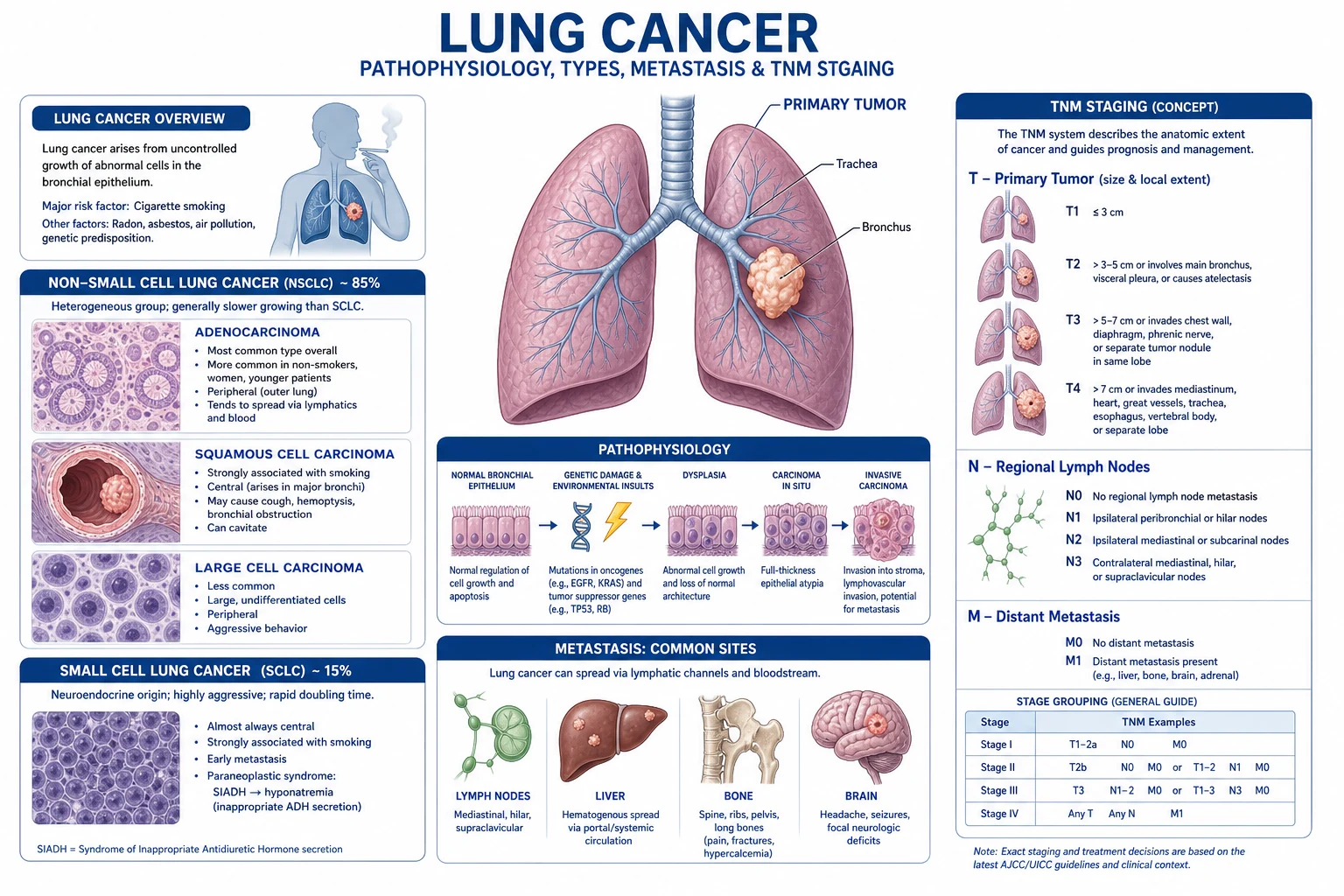 Mechanism infographic showing tobacco carcinogen DNA adduct formation, driver mutations (EGFR, KRAS, TP53, ALK), clonal expansion, evasion of apoptosis, angiogenesis, invasion through basement membrane and metastatic spread to brain, bone, liver, adrenal