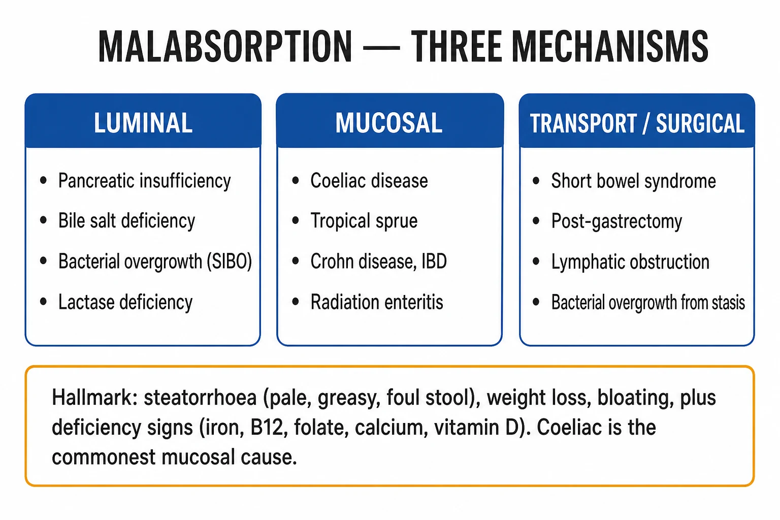 Clean three-column infographic of malabsorption mechanisms: luminal phase, mucosal phase, and transport/post-mucosal phase, with causes listed under each