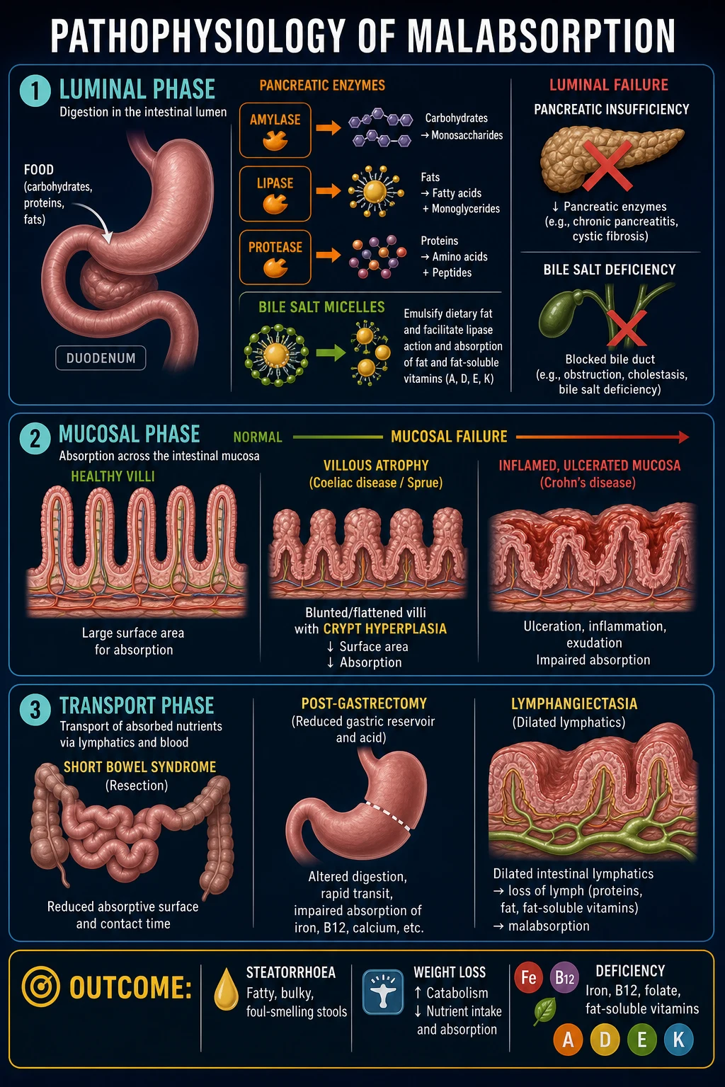 Mechanism infographic showing the three phases of nutrient absorption — luminal digestion, mucosal uptake with healthy vs atrophic villi, and transport via lymphatics and portal vein — with the failure points and outcomes for each phase