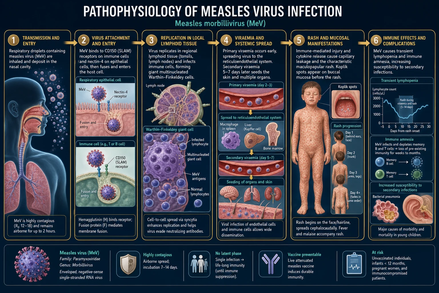 Mechanism infographic: respiratory entry, CD150 and nectin-4 binding, local replication and viraemia, Warthin-Finkeldey giant cells, immune-mediated cephalocaudal rash, and immune amnesia