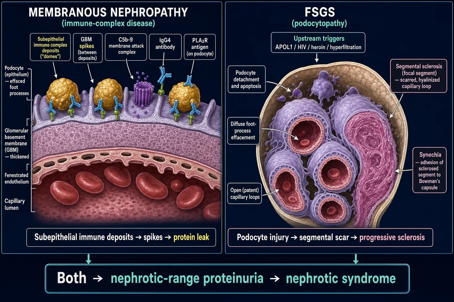 Mechanism infographic: left panel membranous nephropathy showing IgG4 anti-PLA2R crossing to subepithelial deposits with GBM spike formation and C5b-9 attacking the podocyte; right panel FSGS showing podocyte detachment and a segmental scar with synechia to Bowman capsule