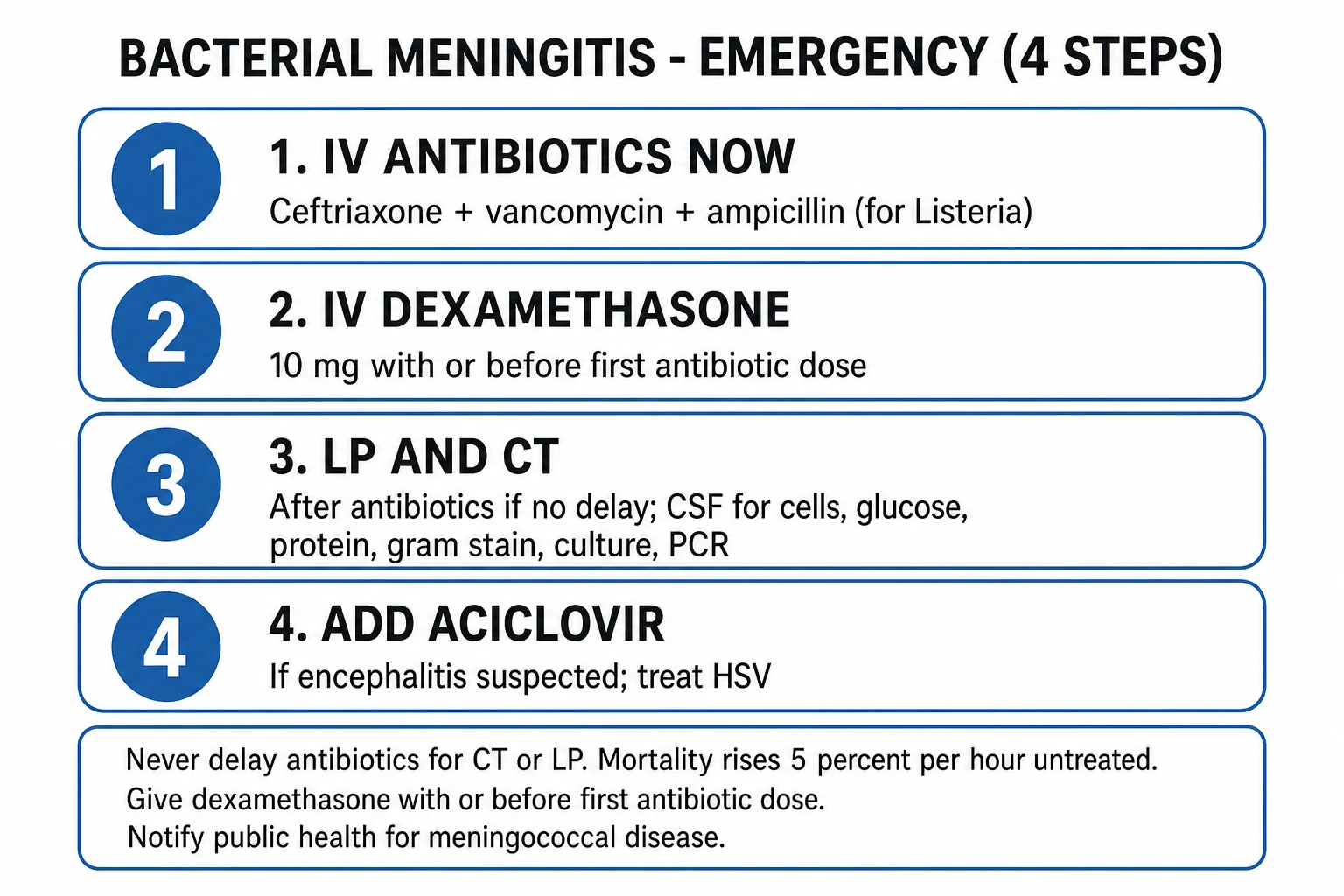 Algorithm showing the first-hour bundle for suspected bacterial meningitis and HSV encephalitis