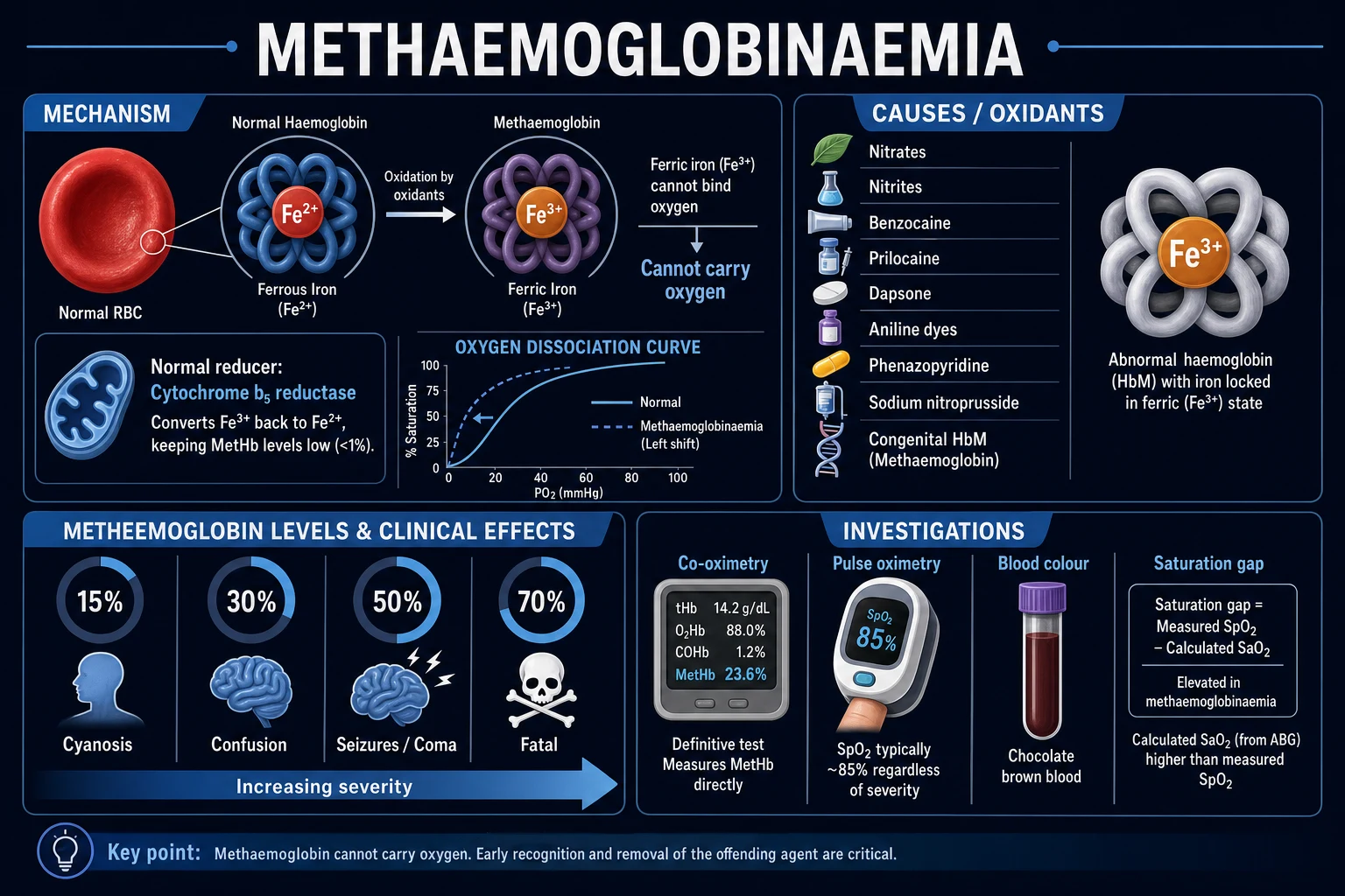 Clean infographic: causes (acquired oxidants vs congenital), MetHb percentage thresholds versus symptoms, and investigations