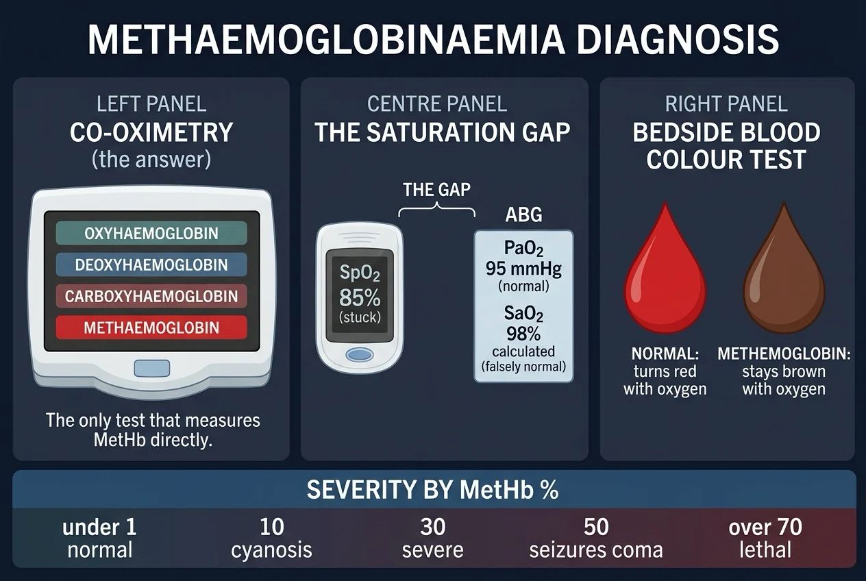 Diagnostic infographic: CO-oximetry measuring four Hb species, the saturation gap (SpO2 ~85 percent stuck vs normal PaO2), the bedside blood-colour test, and severity by MetHb percentage