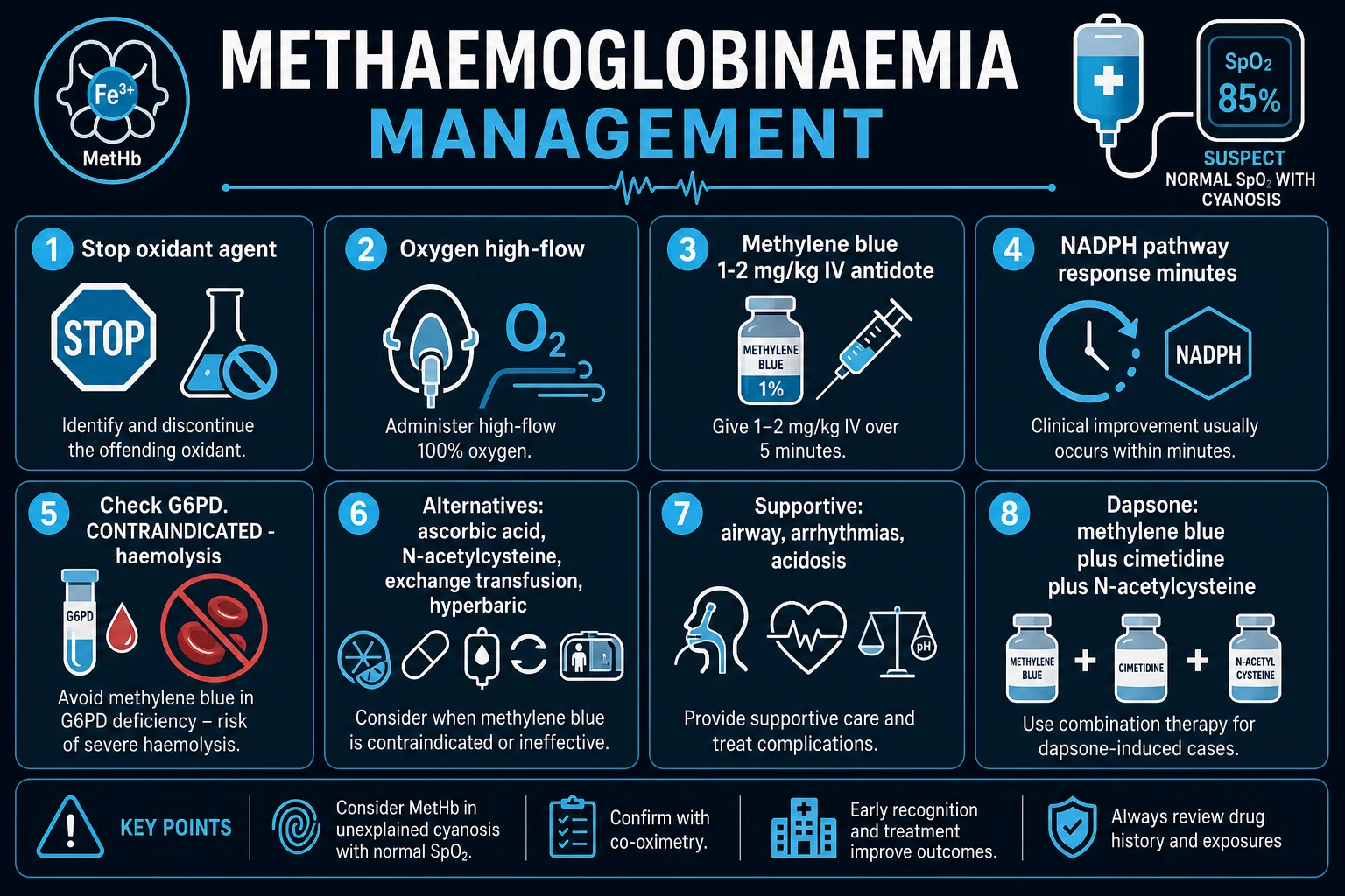 Management infographic: stop agent, oxygen, methylene blue dose and mechanism, G6PD caveat, alternatives (ascorbic acid, NAC, exchange transfusion, HBO), dapsone cimetidine