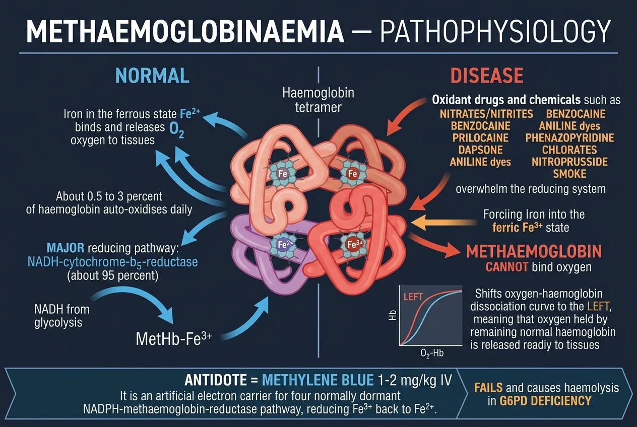 Pathophysiology infographic: normal reducing pathway (NADH-cytochrome b5 reductase ~95 percent), the minor NADPH pathway activated by methylene blue, oxidant drugs forcing Fe2+ to Fe3+, left-shifted oxygen dissociation curve, and the G6PD caveat