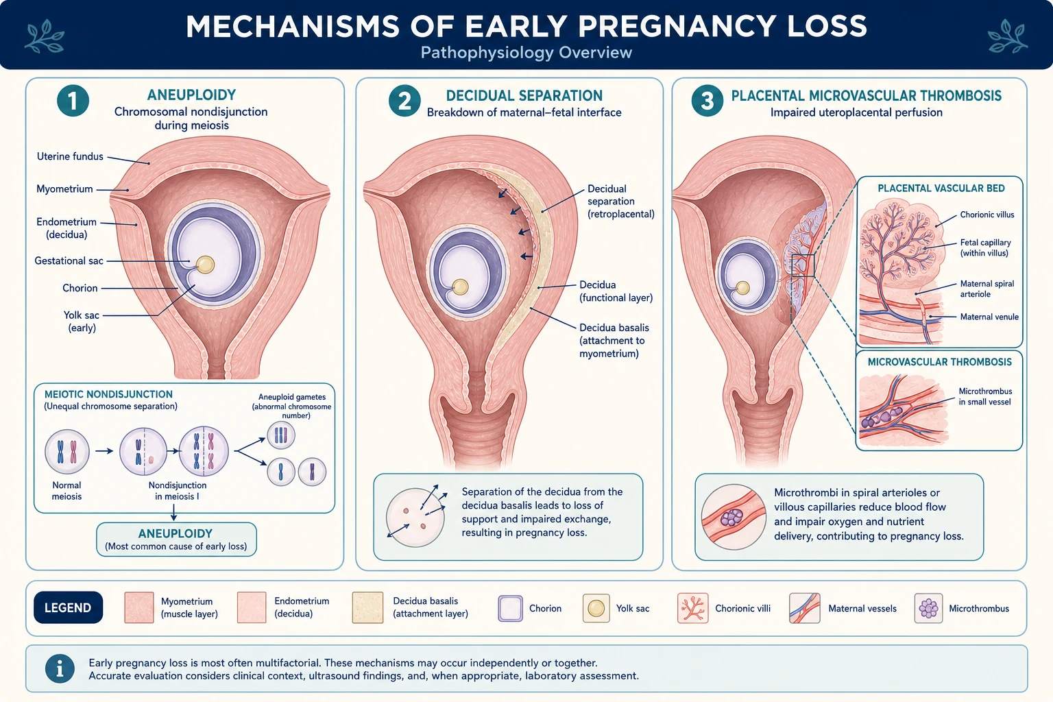 Labelled three-panel infographic of early pregnancy loss mechanisms: aneuploidy from meiotic nondisjunction, decidual separation, and placental microvascular thrombosis