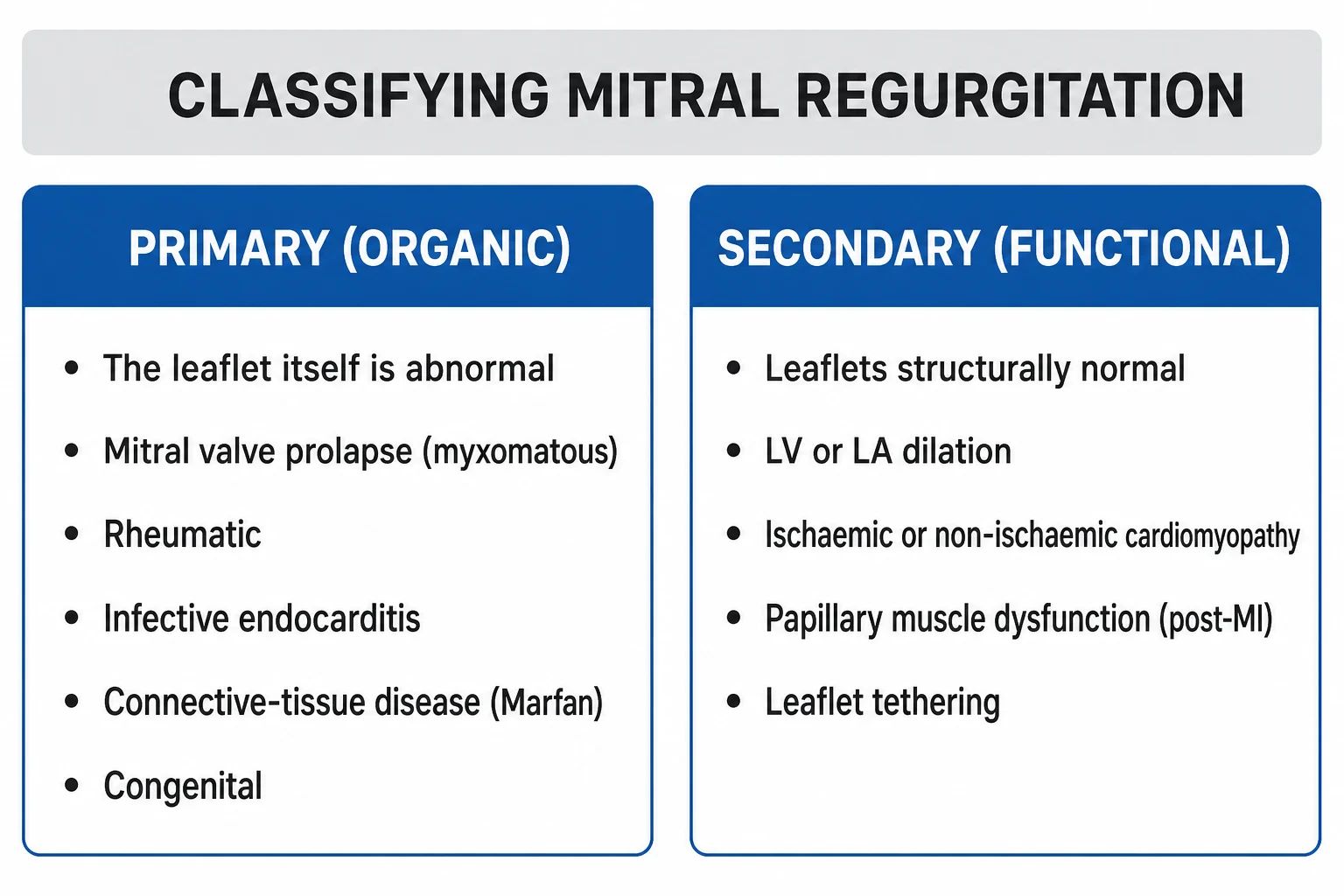 Carpentier classification infographic showing Type I normal motion annular dilation and perforation, Type II excess motion prolapse flail, Type IIIa restricted diastole-systole rheumatic, Type IIIb restricted systole ischaemic-functional