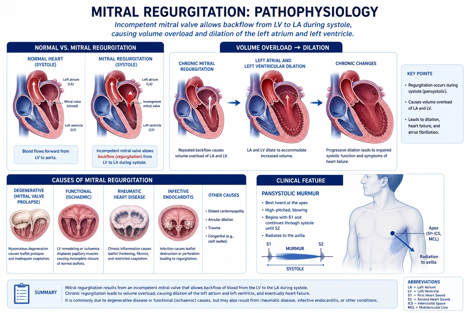 Pathophysiology infographic comparing chronic compensated MR with LA and LV eccentric hypertrophy versus acute MR with a small non-compliant LA leading to giant v waves and pulmonary oedema