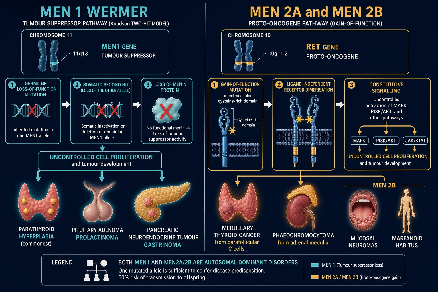 Two-column pathophysiology diagram comparing MEN 1 (MEN1 tumour suppressor loss, two-hit) and MEN 2 (RET proto-oncogene gain-of-function)