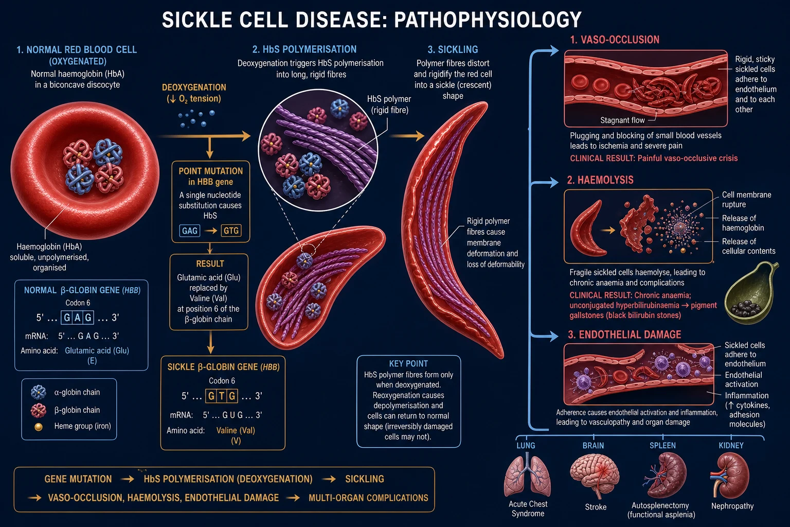 Mechanism infographic: central malignant plasma cell secreting paraprotein and free light chains, with radiating arrows to bone destruction (RANKL-osteoclast), renal cast nephropathy, marrow-infiltration anaemia and immune paresis; CRAB legend