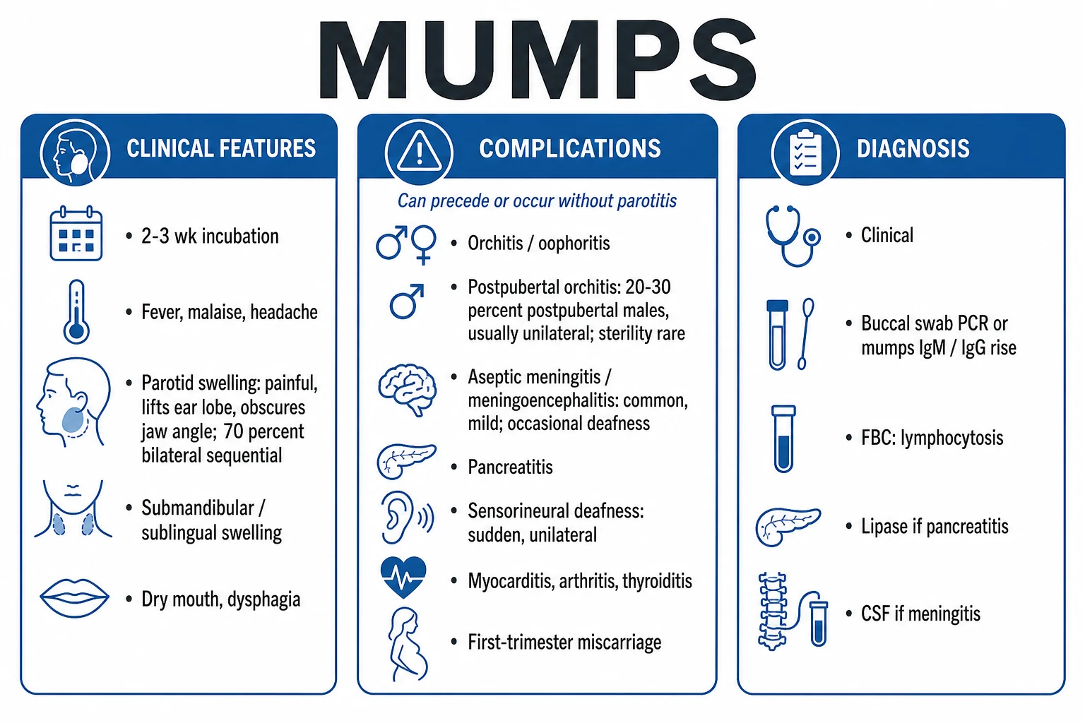 Clean infographic: clinical features, complications, diagnosis and prevention of mumps