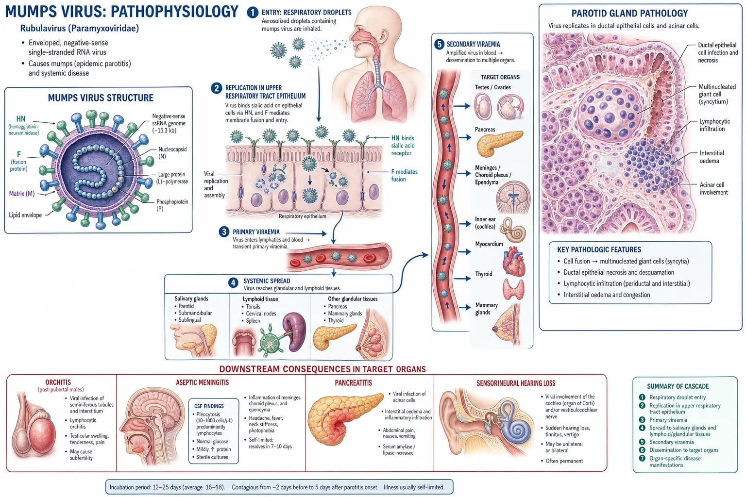 Mechanism infographic: mumps paramyxovirus (HN and F glycoproteins) binding sialic-acid receptors on salivary gland duct epithelium, primary viraemia, systemic glandular/lymphoid tropism, secondary viraemia seeding testes, pancreas, choroid plexus, inner ear, and myocardium; multinucleated giant cells; downstream organ consequences