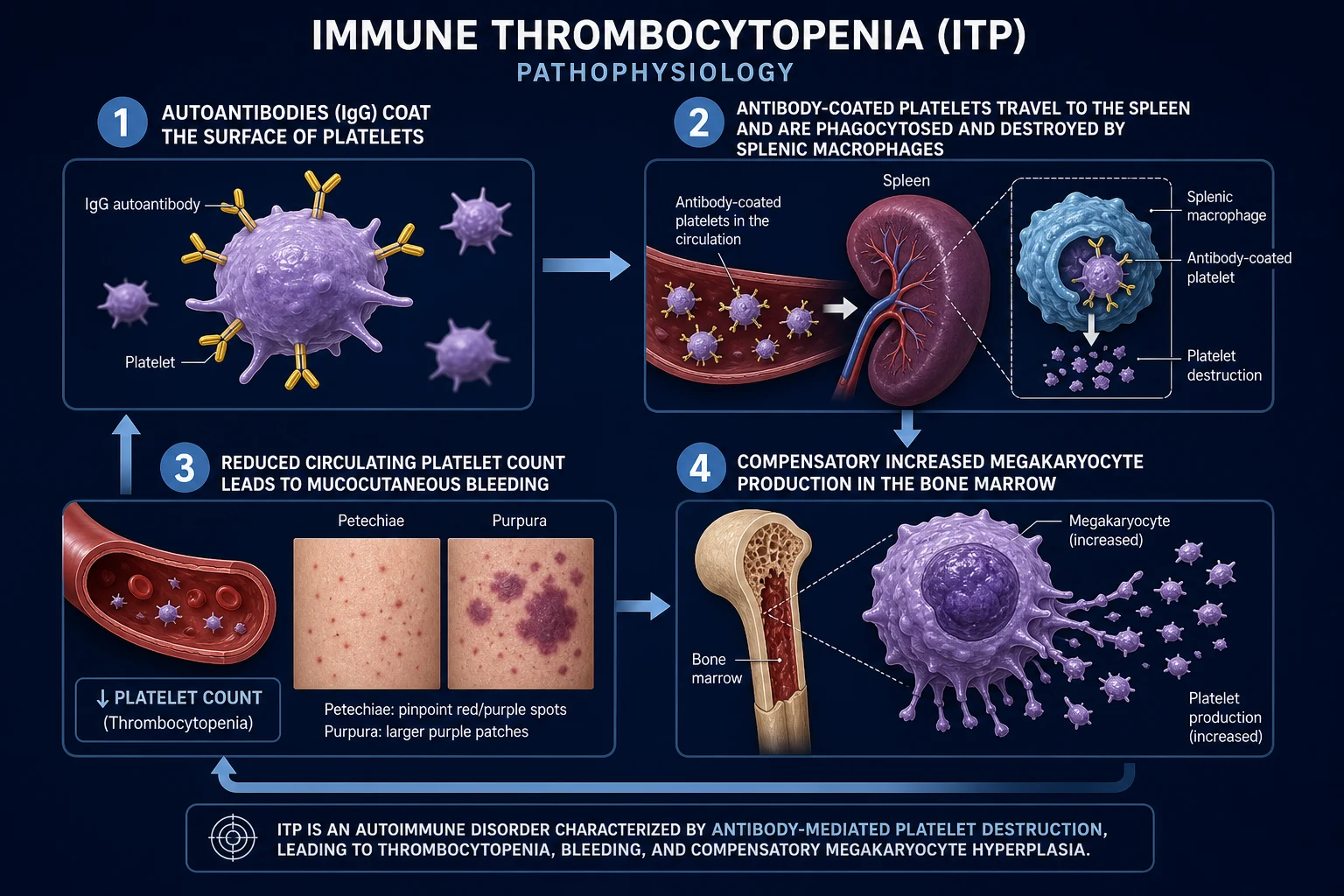 Mechanism infographic: a haematopoietic stem cell acquires a mutation then divides into two paths — ineffective haematopoiesis with apoptotic progenitors producing cytopenias, and clonal blast accumulation producing AML transformation