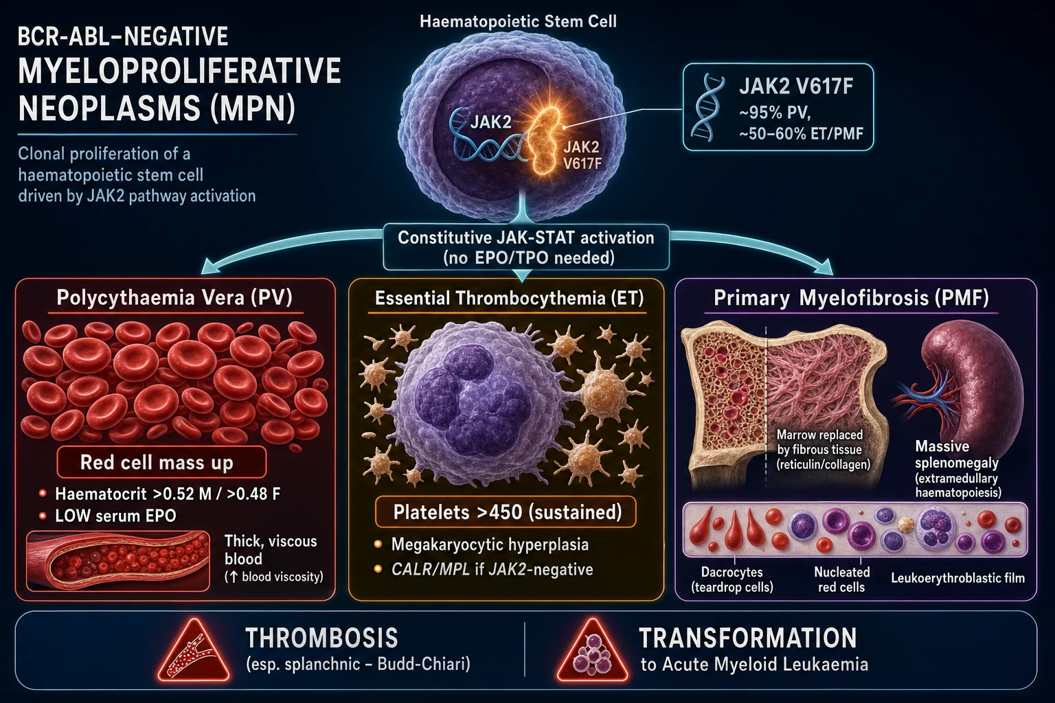 Mechanism infographic: central haematopoietic stem cell with the JAK2 V617F mutation and constitutive JAK-STAT activation, branching into PV (red-cell proliferation, hyperviscosity), ET (megakaryocyte/platelet proliferation) and PMF (marrow fibrosis, extramedullary haematopoiesis, tear-drop cells), with a separate branch for CML showing the Philadelphia chromosome and BCR-ABL1 kinase driving granulocyte proliferation