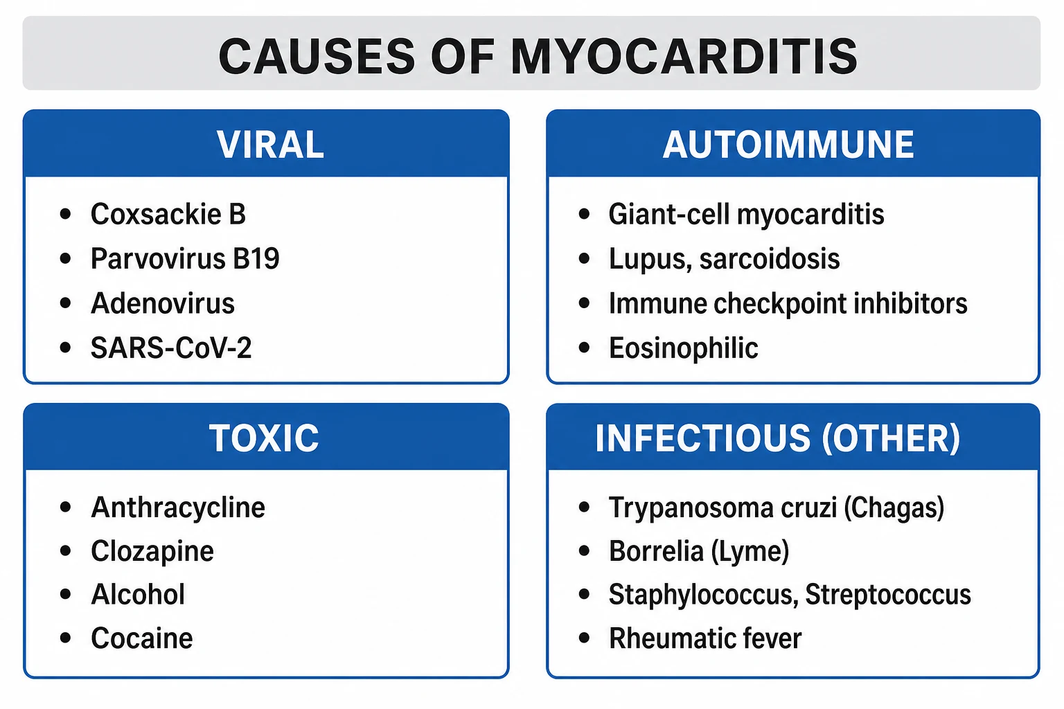 Clean infographic with four panels: aetiology (viral/autoimmune/toxic/hypersensitivity), histology (lymphocytic/eosinophilic/giant cell/granulomatous), course (acute versus fulminant versus chronic), phenotype (ACS-mimic versus HF versus arrhythmic)