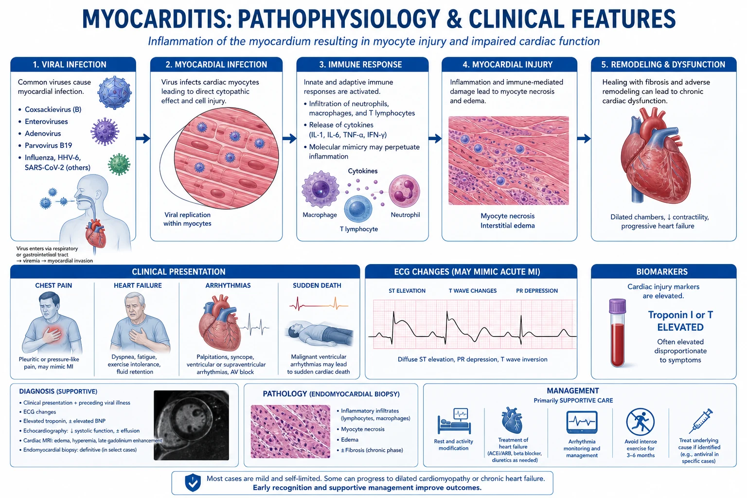 Three-phase infographic: phase 1 viral entry via CAR receptor and direct myocyte necrosis; phase 2 innate then adaptive immunity, T-cell-mediated injury, molecular mimicry, anti-cardiac myosin antibodies; phase 3 viral persistence, adverse remodelling, dilated cardiomyopathy
