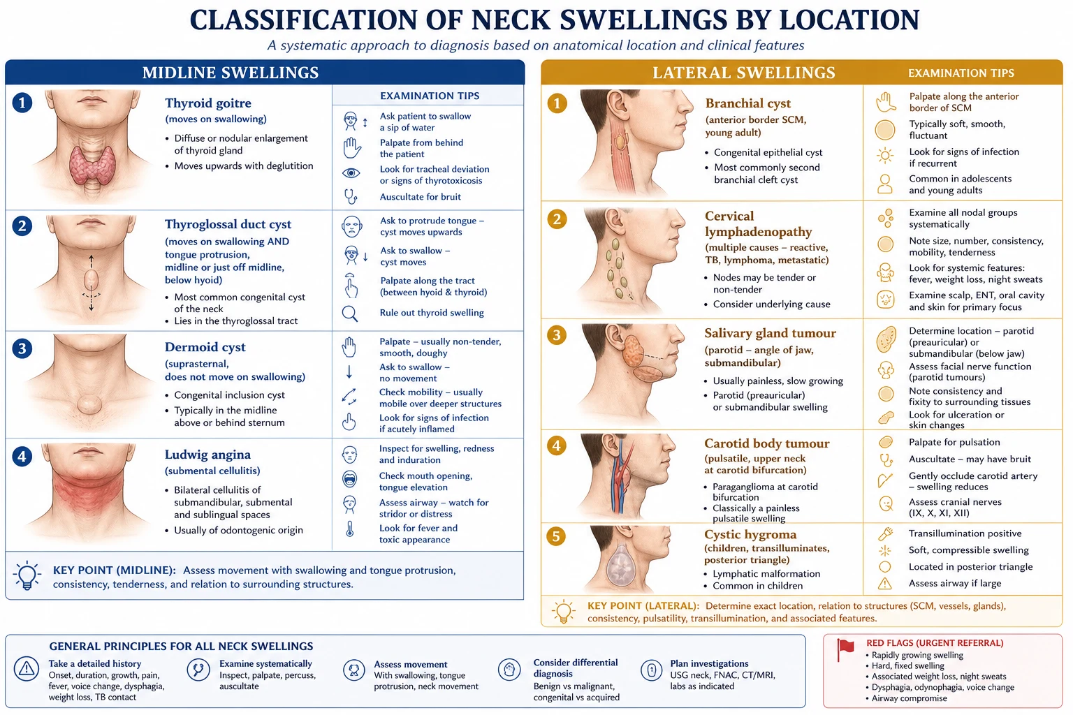 Classification of neck swellings by location: midline vs lateral vs vascular.