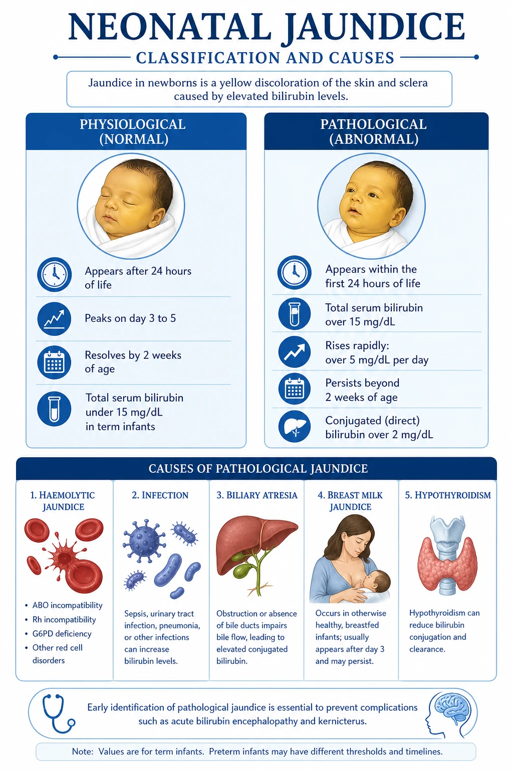 Kernicterus — bilirubin crossing the immature blood-brain barrier to the basal ganglia and brainstem.
