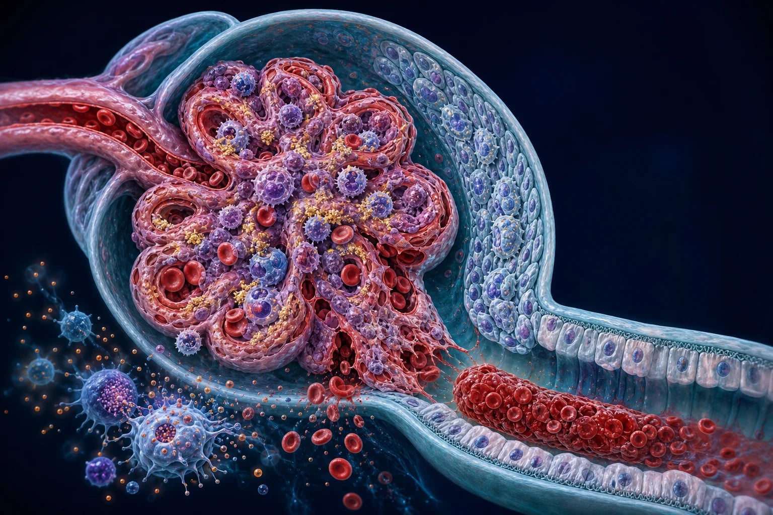Cinematic 3D cross-section of an inflamed glomerulus showing proliferating cells, immune-complex humps, crescent formation, and RBC casts leaking into the tubule