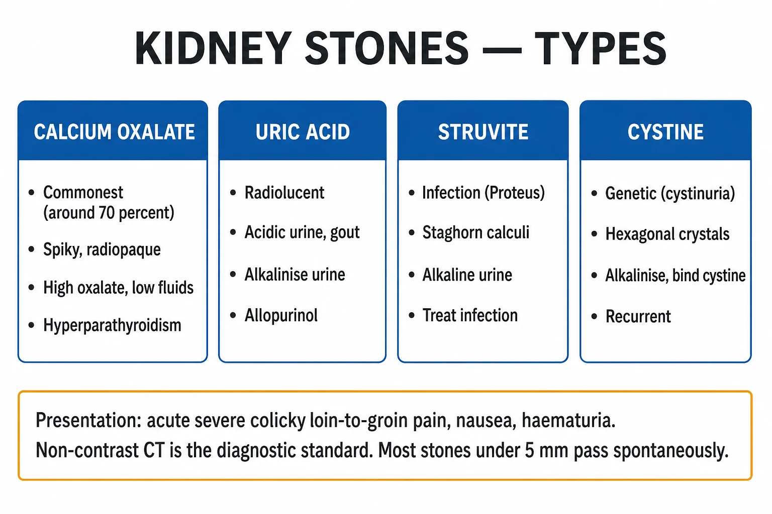 Clean four-card infographic of kidney stone types with crystal morphology