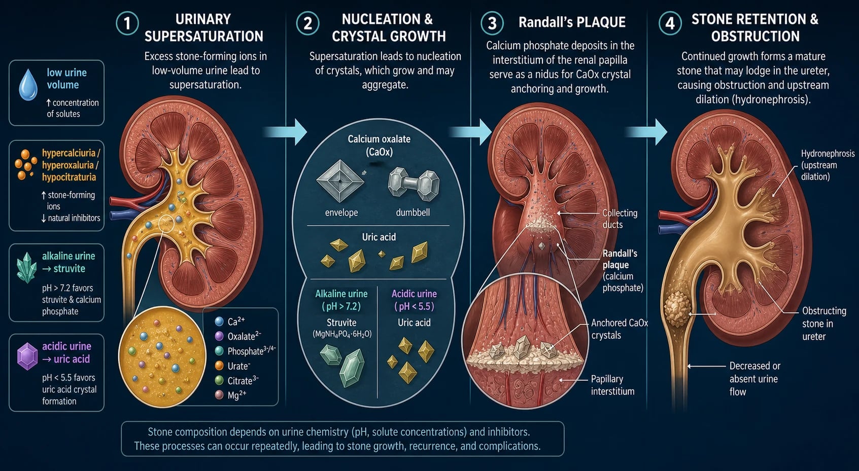 Pathophysiology infographic showing supersaturation, nucleation, Randall's plaque, and stone retention in four stages