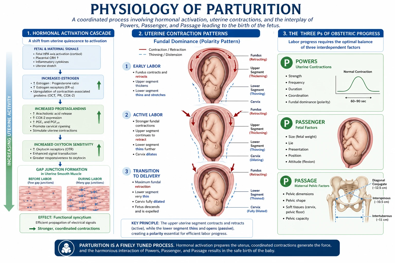Physiology of labour onset and uterine contraction mechanics.