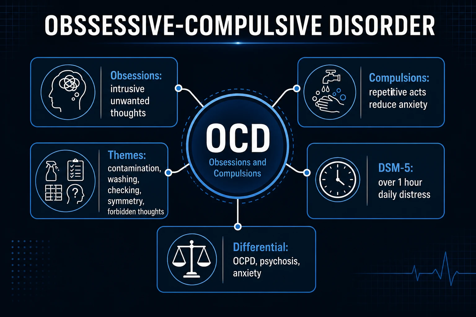 Clean infographic: obsessions + compulsions + DSM-5 themes + DSM-5 OCRD category + differential