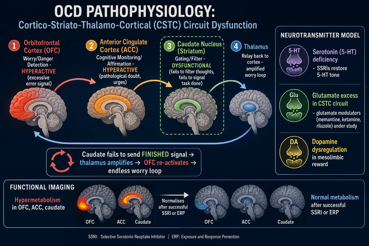 OCD pathophysiology infographic: Cortico-Striato-Thalamo-Cortical (CSTC) circuit dysfunction; orbitofrontal cortex + ACC hyperactive; caudate fails to filter; thalamus relays worry back to cortex in an endless loop; serotonin deficiency treated by SSRIs; glutamate excess; functional imaging normalises after SSRI or ERP