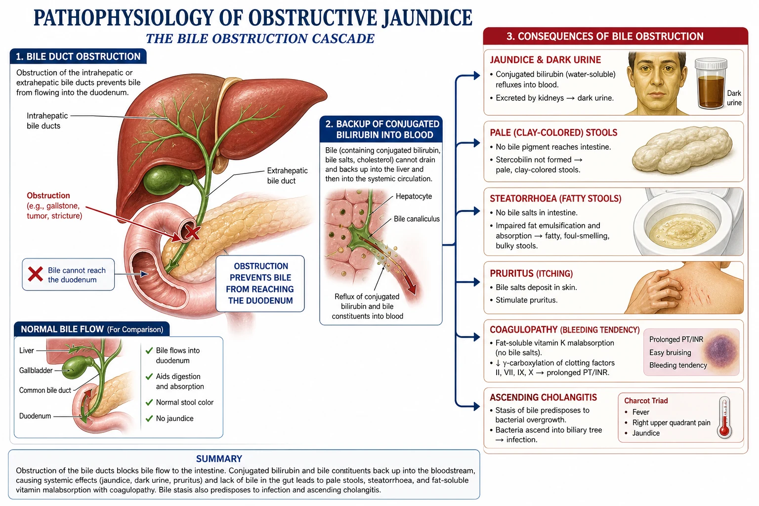 Pathophysiology cascade of obstructive jaundice.