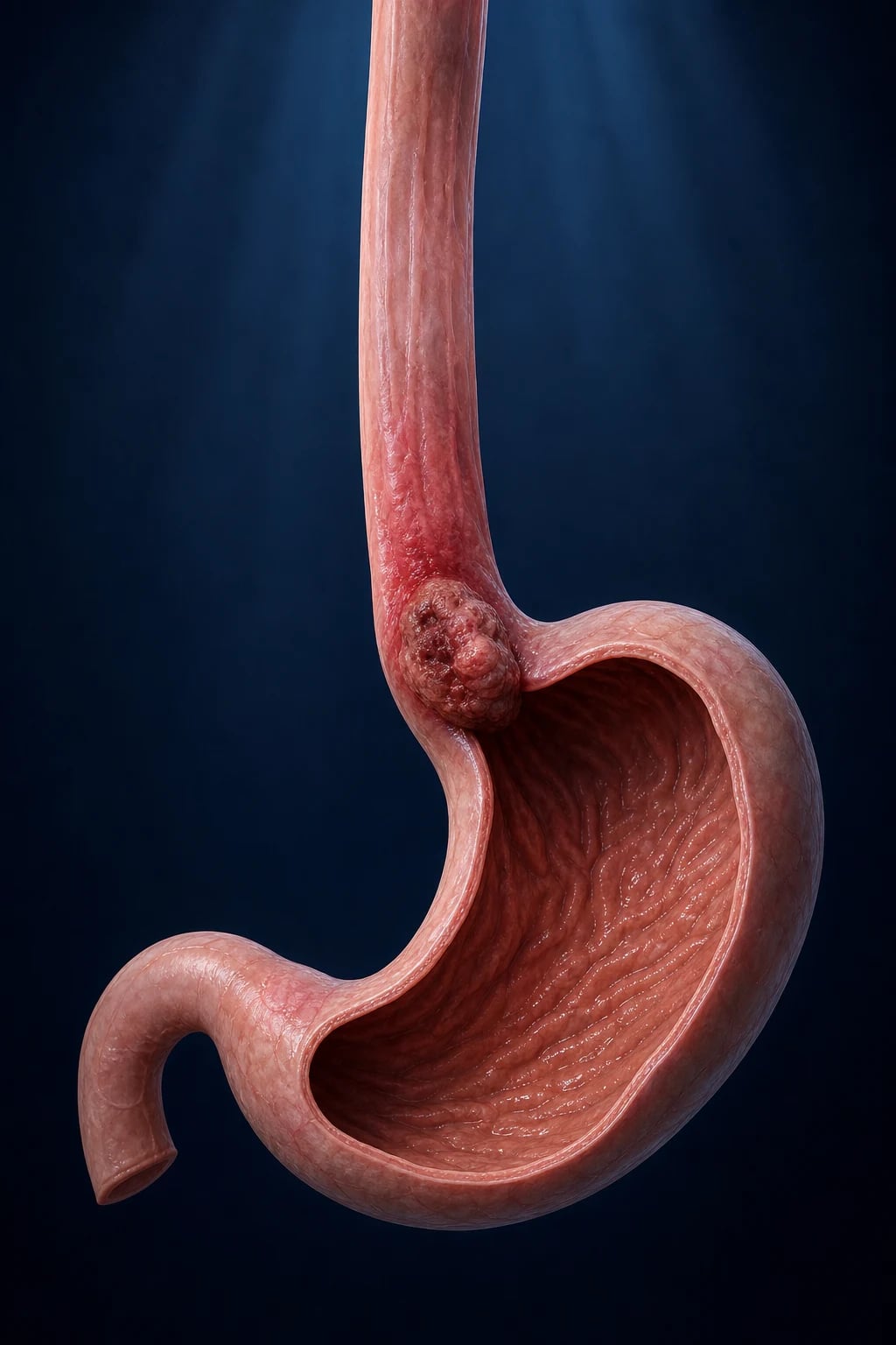 Clean two-column management infographic for oesophageal and gastric cancer showing neoadjuvant strategy, surgery, and advanced disease therapy