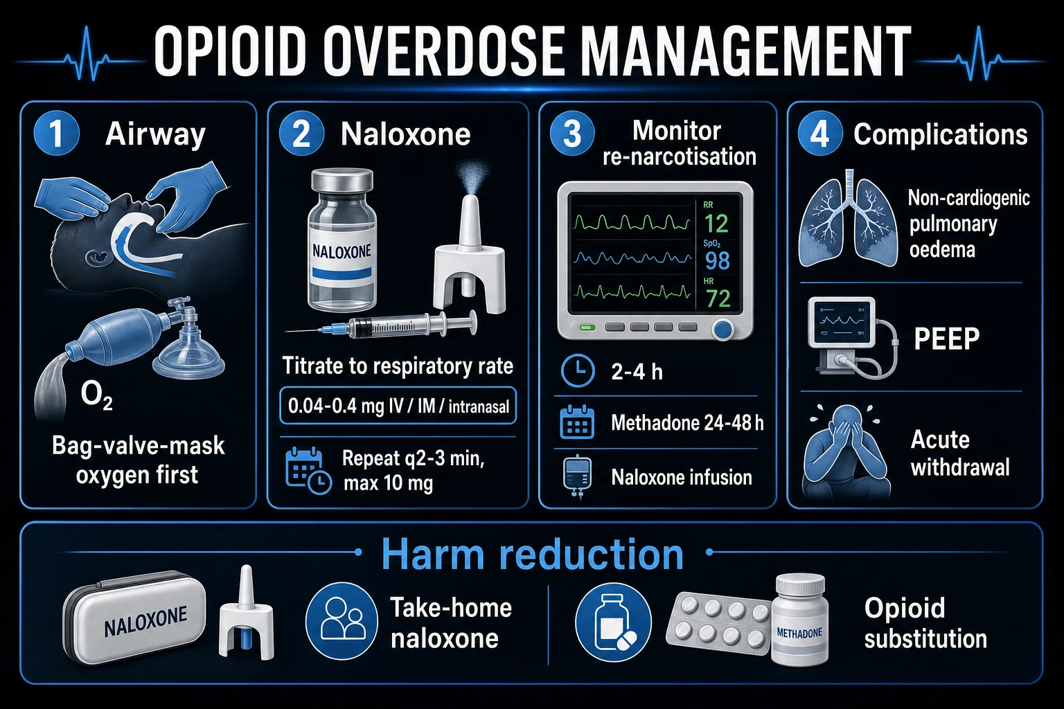 Clean management infographic: airway and ventilation first, naloxone reversal, monitoring for re-narcotisation, and secondary prevention