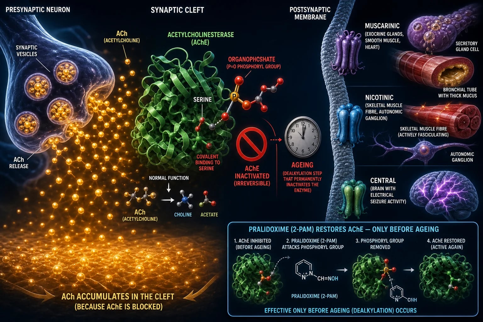 Mechanism infographic: synaptic cleft with ACh vesicles, AChE enzyme, three receptor types (muscarinic, nicotinic, central), OP phosphorylating AChE serine, ageing clock, pralidoxime reactivating AChE